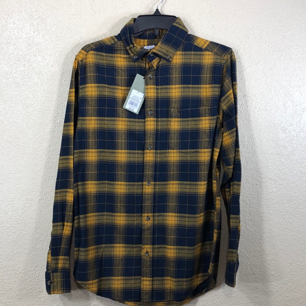 Good Fellow Men's Shirt S Plaid Yellow Navy NWT Long Sleeve - Picture 1 of 8
